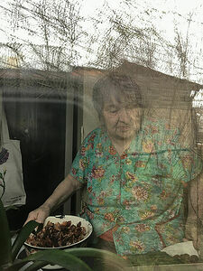 My Grandma peeling onions in her arm chair.  May 2025. Krasnoufimsk. Russia.