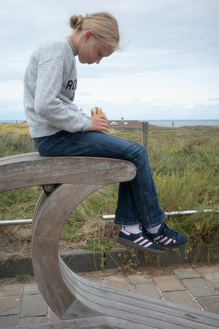 Masha on the beach in Nordwijk. August 2025. Nordwijk, Netherlands.